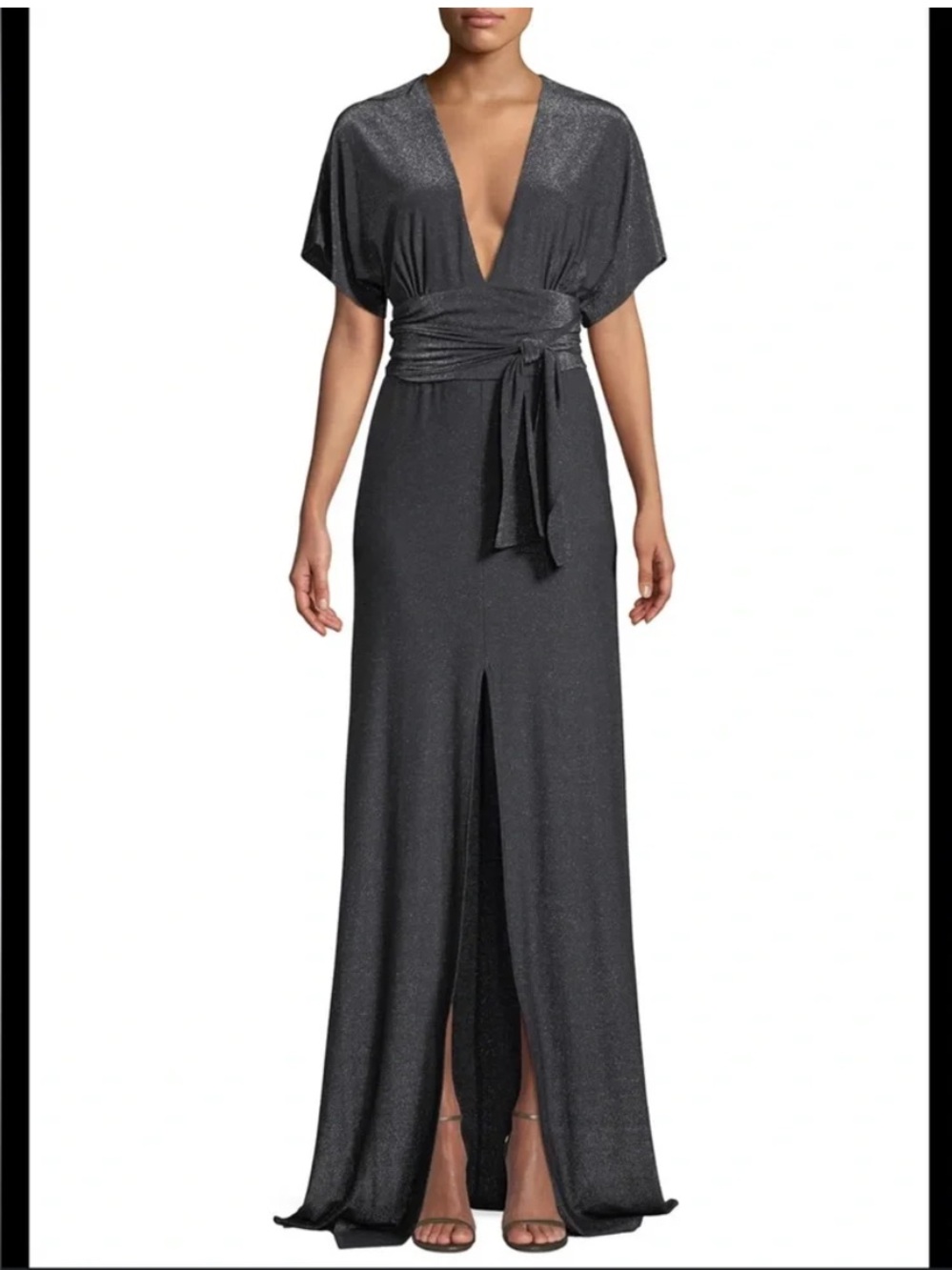 Halston Heritage Metallic black Jersey Deep V Neck Kimono-Style Gown Medium